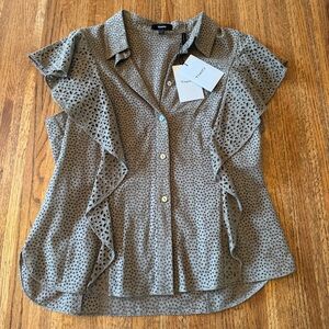 Theory Womens Textured Short Sleeve Button Up Crochet Knit Blouse Green Sz Large